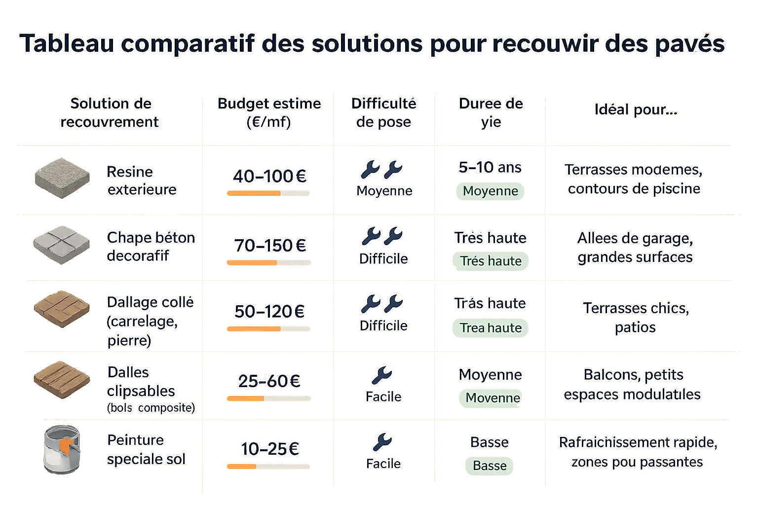 Illustration de différentes solutions pour recouvrir des pavés autobloquants