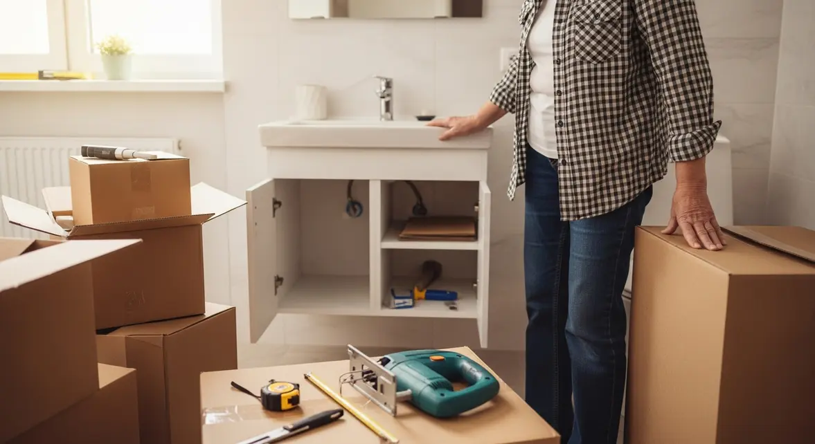 Personne agee adaptant meuble sous lavabo avec outils