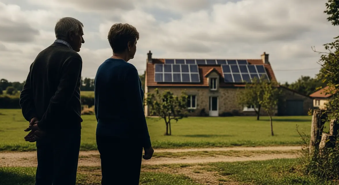 Seniors devant maison panneaux solaires doute calculs