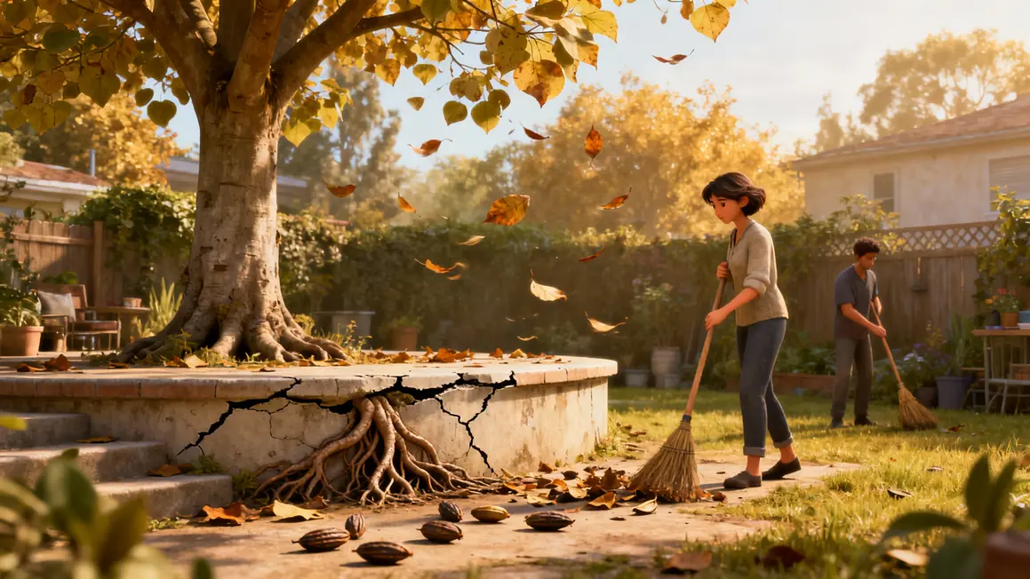 Jardin catalpa terrasse soulevee feuilles gousses galere