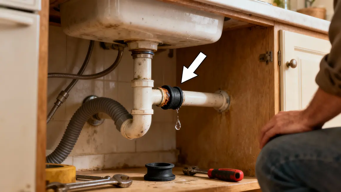 Fuite évier cause raccord desserré joint usé goutte d'eau