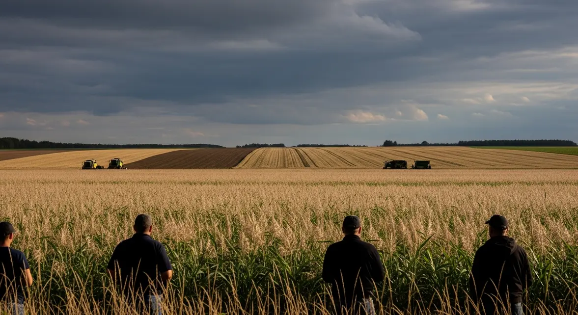 Paysage agricole miscanthus et monoculture sous ciel gris