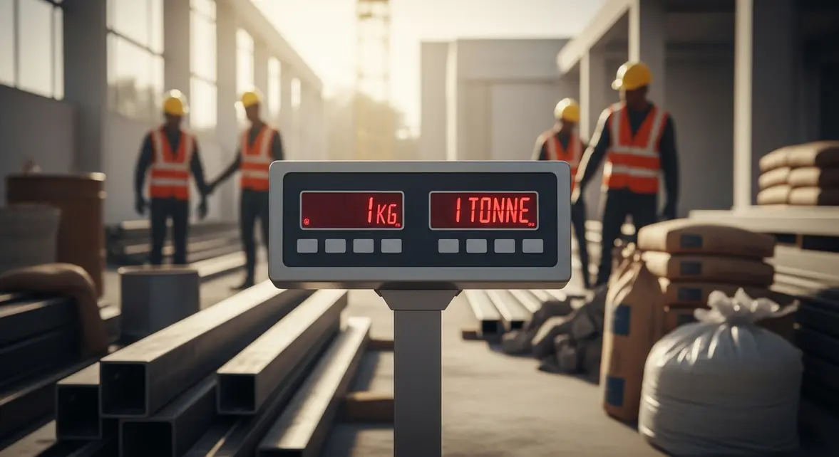 balance industrielle affiche 1 kg et 1 tonne sur chantier