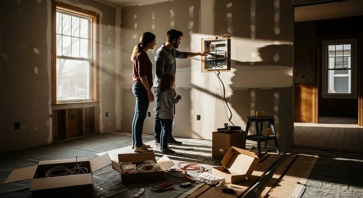 Famille modeste devant tableau électrique moderne en rénovation