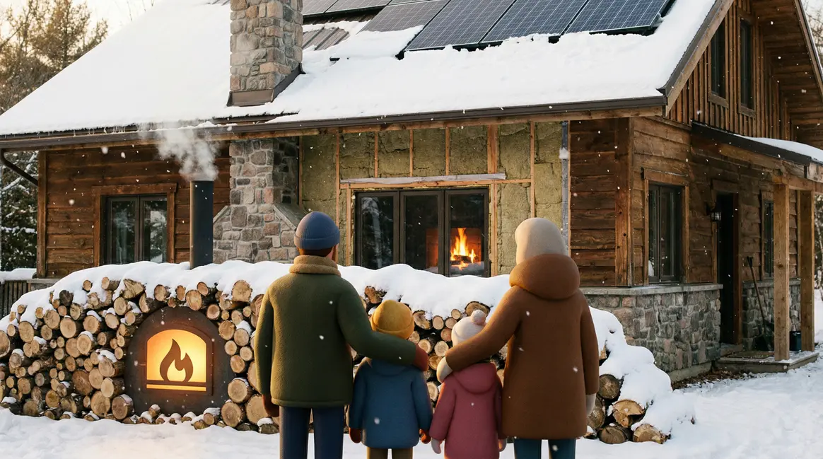 famille devant tas de bois en hiver maison chauffage