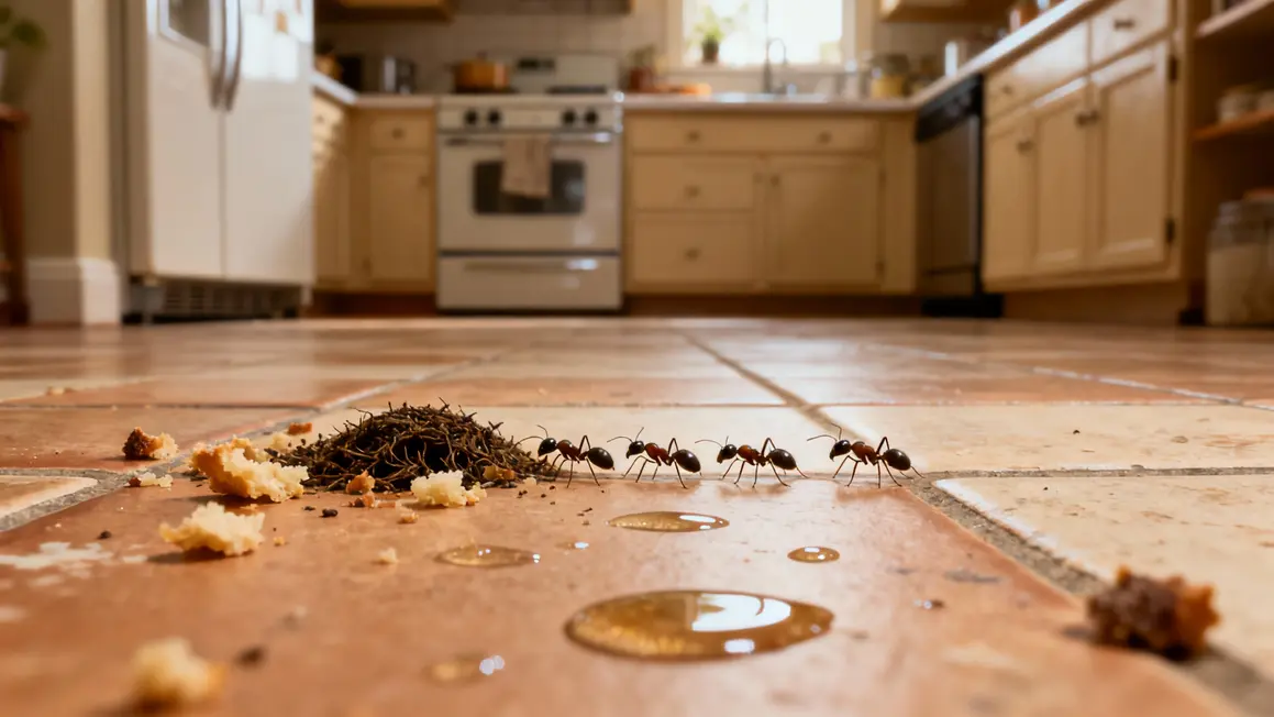 Fourmilière autour miettes traces humidité