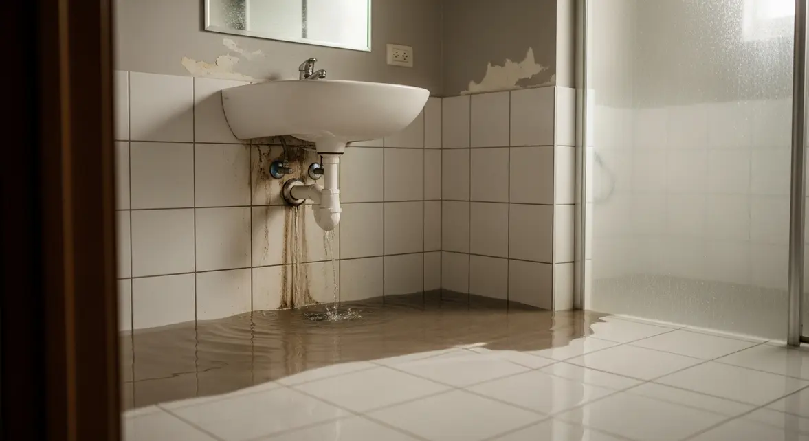 Fuite eau raccord PVC sol salle de bain