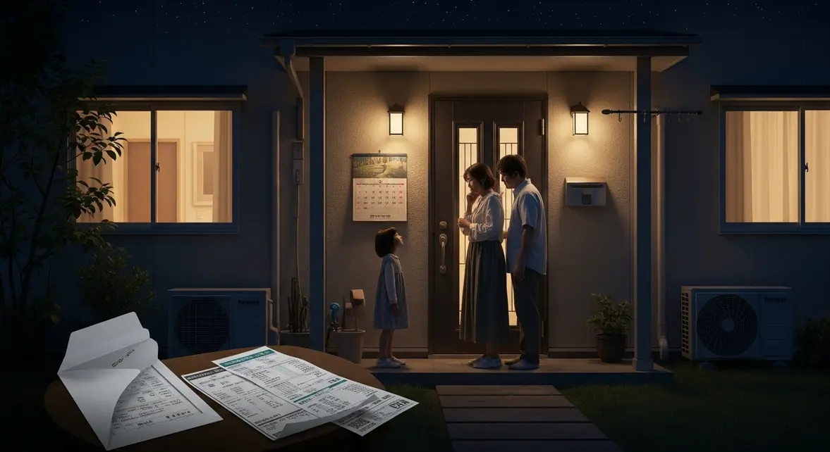 Famille devant maison la nuit, réforme heures creuses nocturnes