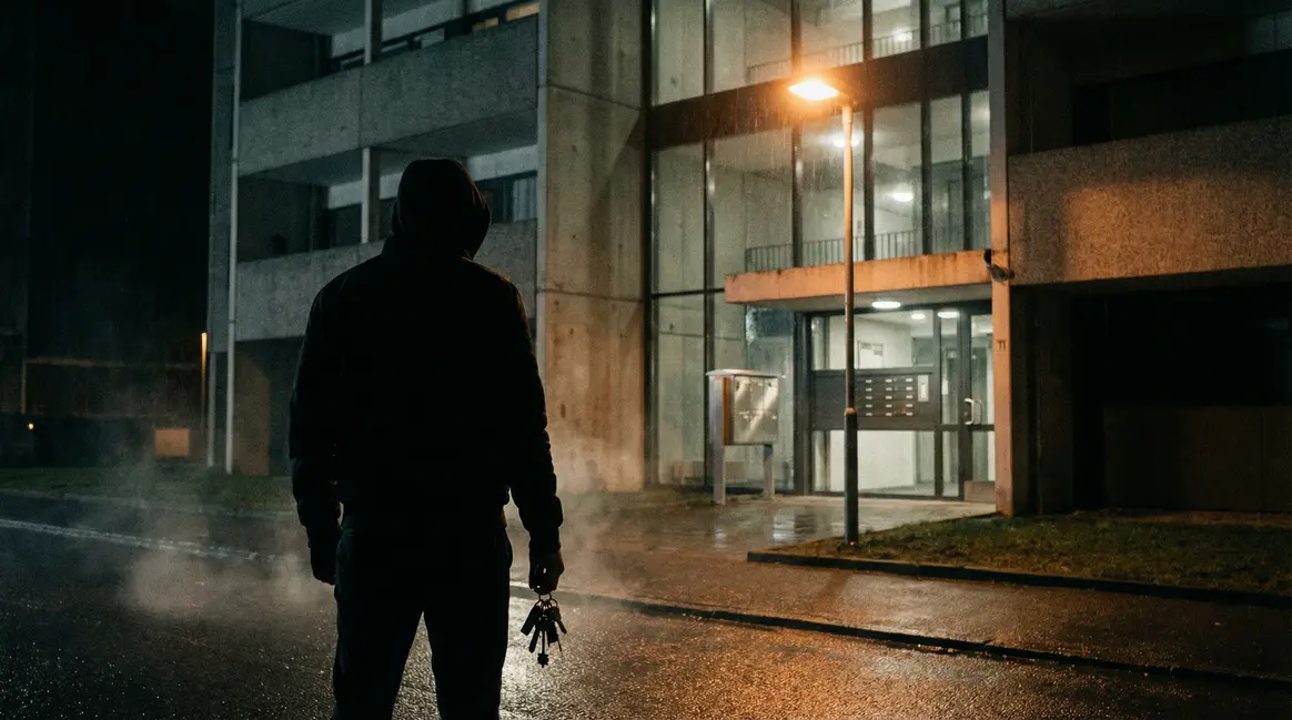 Homme devant porte d'entrée sous lampadaire