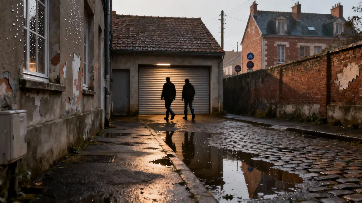 rue pavée béton, eau stagnante, habitants et garage