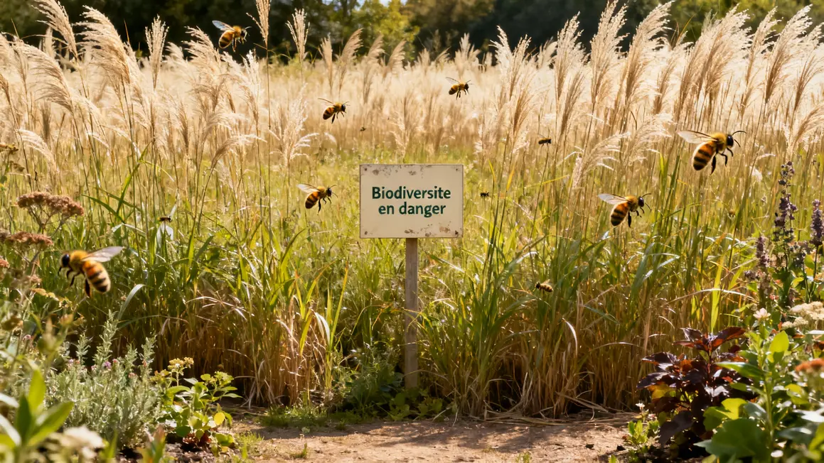 Prairie envahie miscanthus panneau biodiversité danger