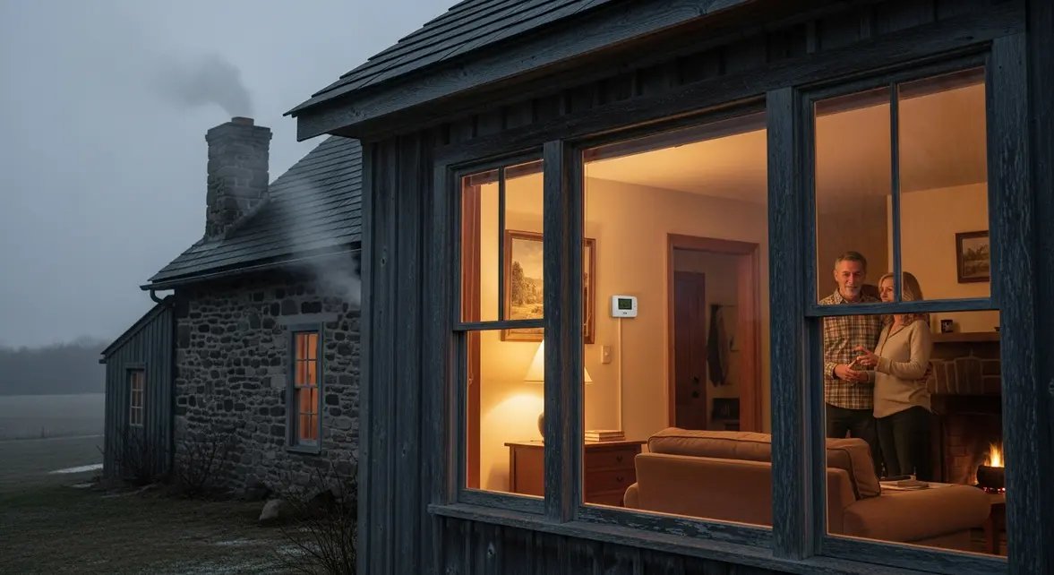 Maison ancienne chauffée en hiver avec thermostat