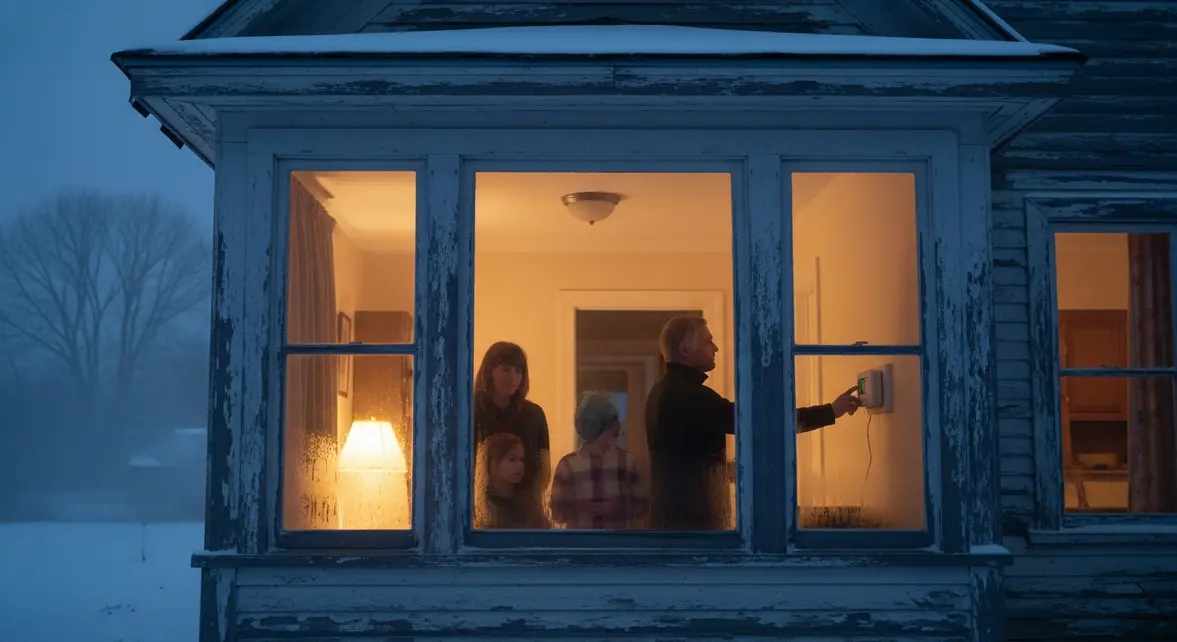 Maison ancienne en hiver, personnes ajustent un thermostat
