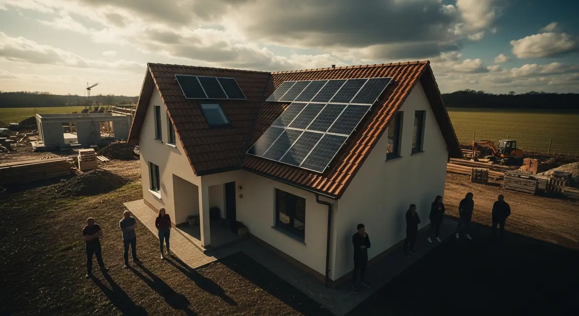 Maison famille toit panneaux solaires RECOM chantier