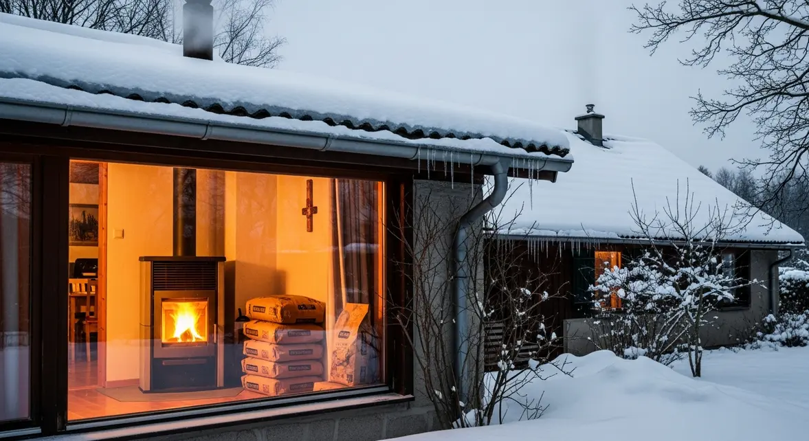 Maison en hiver avec poêle à granulés et sacs de granulés