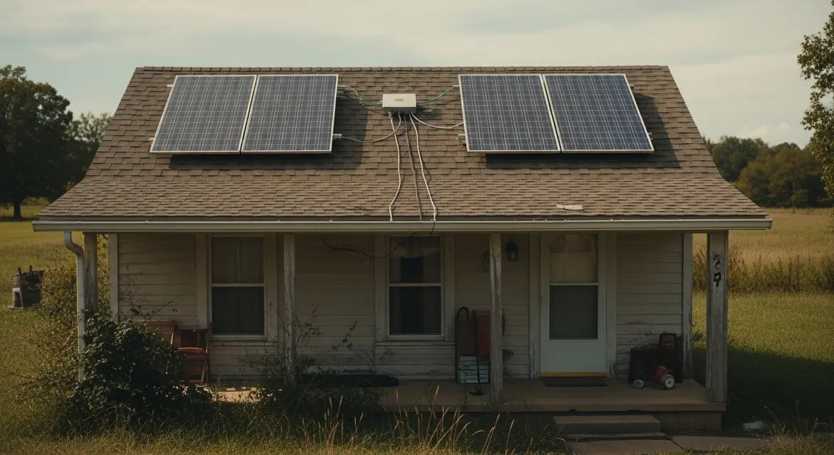 maison avec panneaux solaires et cables vers boitier