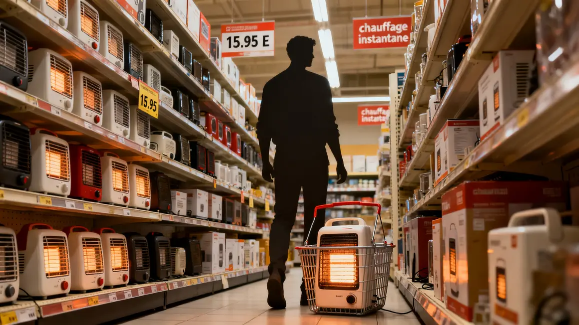 Mini chauffage d'appoint Action en rayon magasin, étiquette prix visible