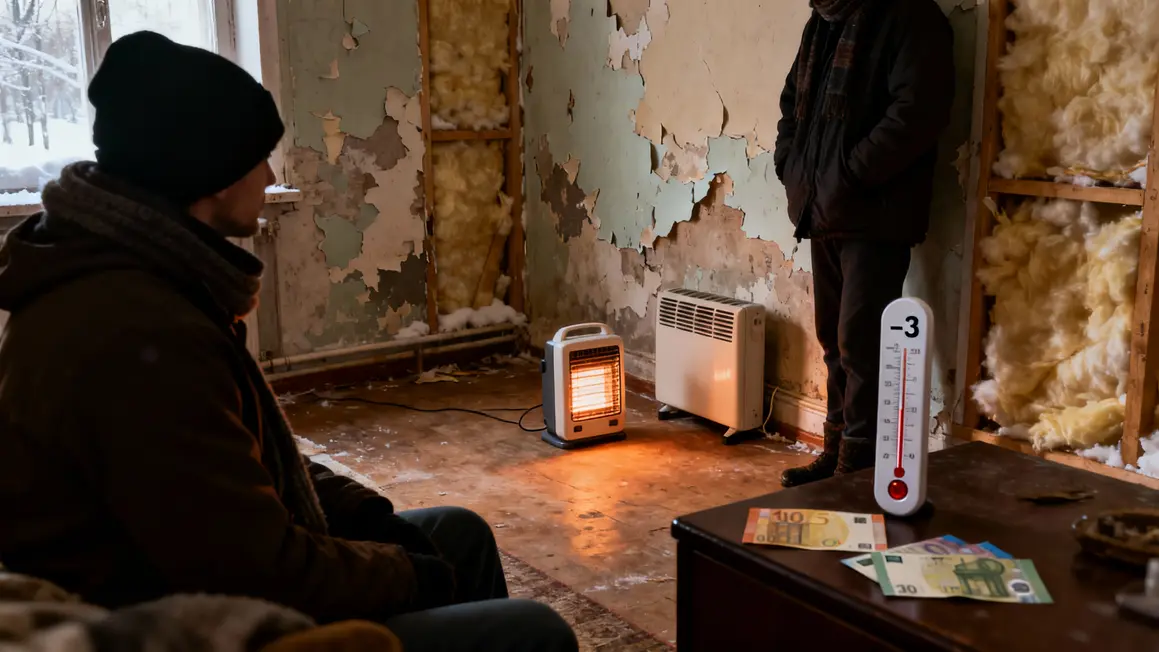Mini chauffage électrique dans pièce ancienne mal isolée, ambiance froide