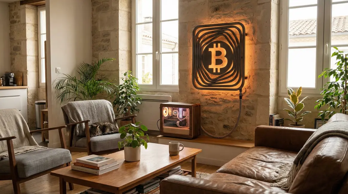 Radiateur minant bitcoin dans salon français moderne