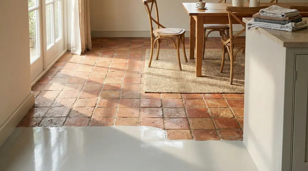 Résine carrelage ancien cuisine aspect moderne