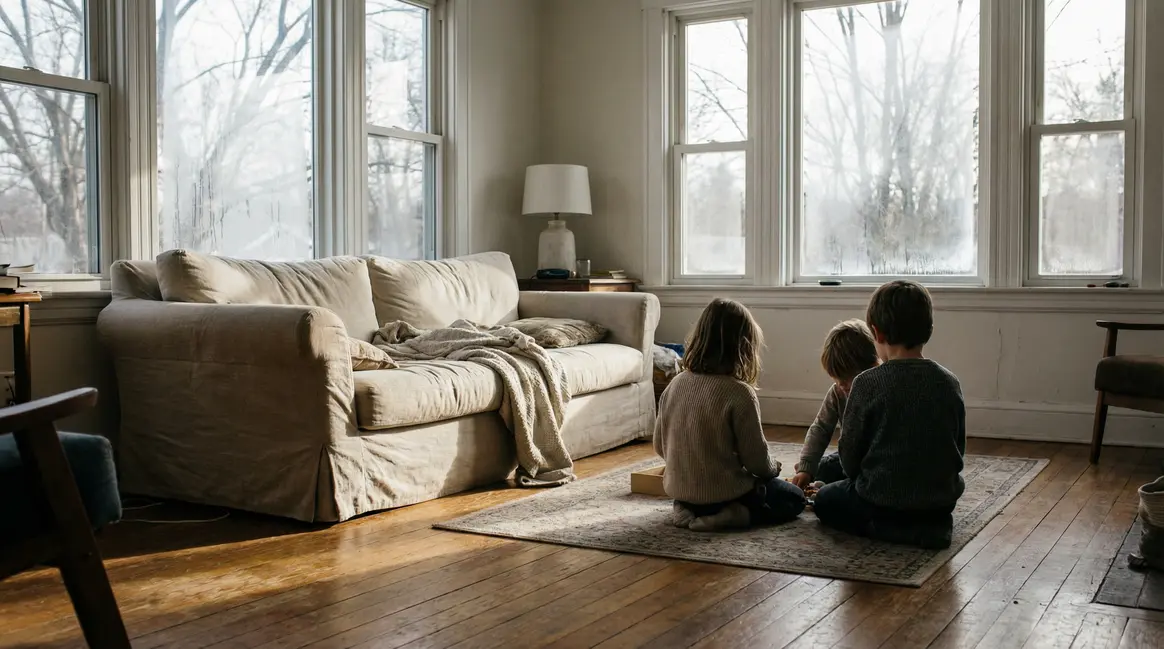 Salon avec parquet et déco, lumière hivernale, ambiance tendue