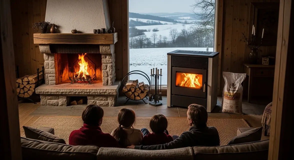 Salon rural avec cheminée traditionnelle et poêle à pellets en hiver