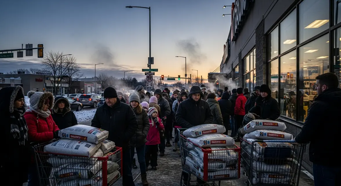 Familles devant Brico Dépôt avec sacs pellets ambiance hivernale