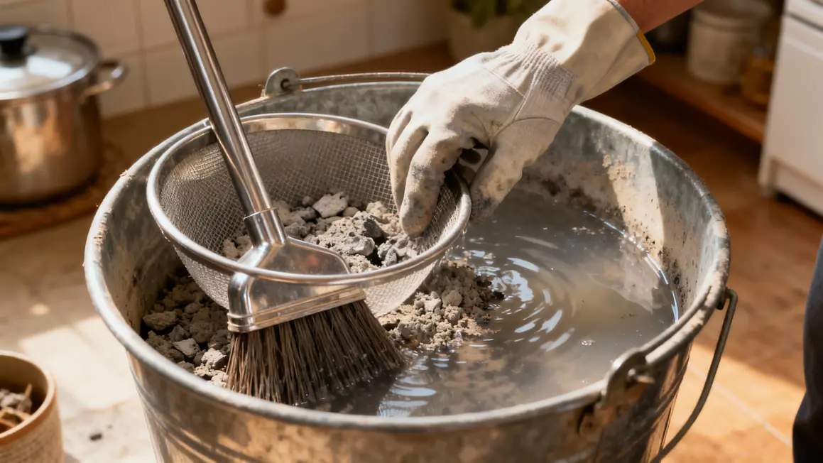 Seau cendres tamisees nettoyage cuisine main gantée