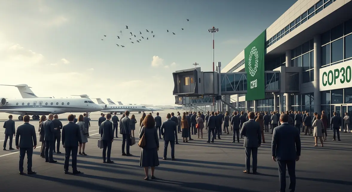 Terminal COP30 avec jets privés et foule élégante