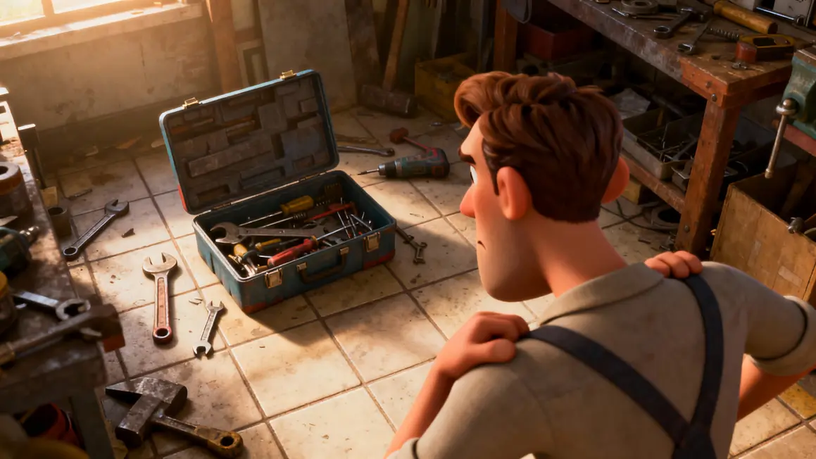 Atelier en desordre caisse outils ouverte
