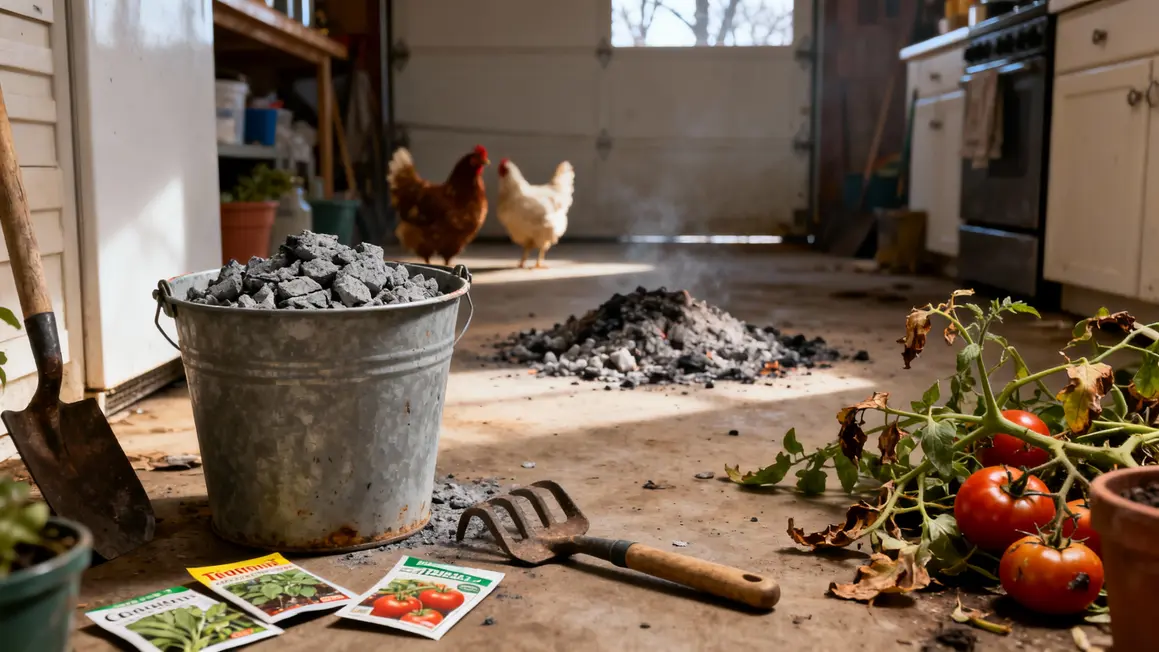 seau cendres outils jardin tomates abimees poules