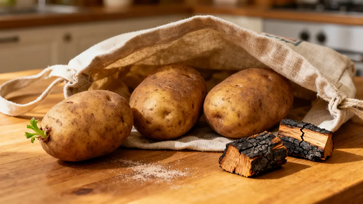 Pommes de terre fermes et charbon dans sac toile anti germes