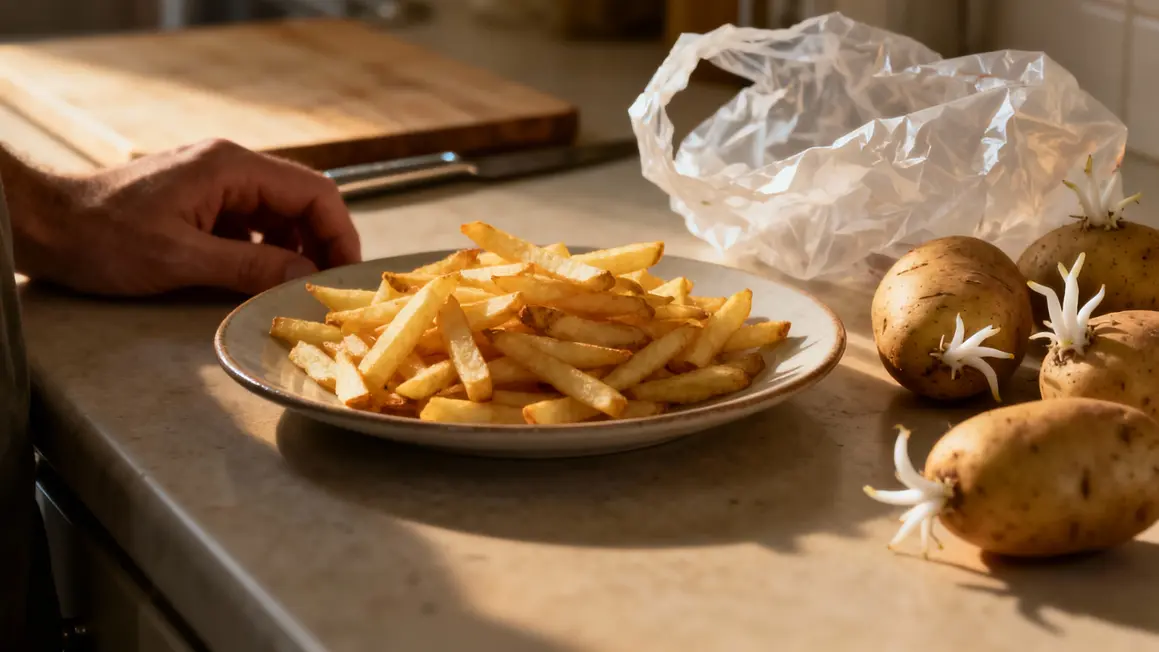 Filet de pommes de terre avec germes blancs sur plan de travail