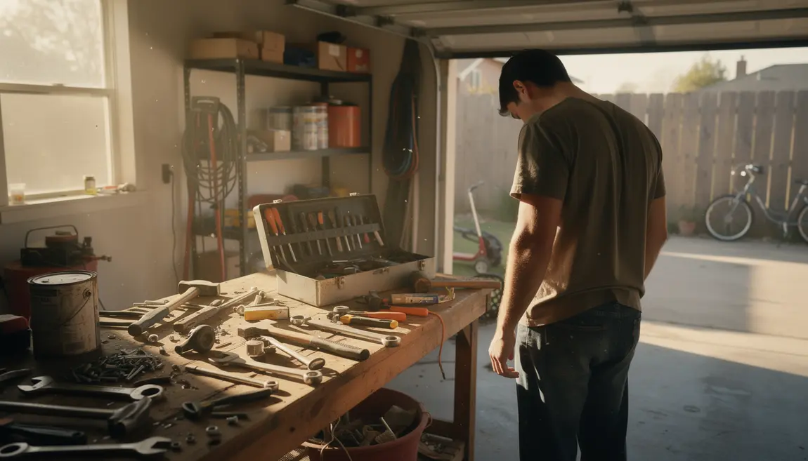 Garage en désordre avec outils et propriétaire découragé
