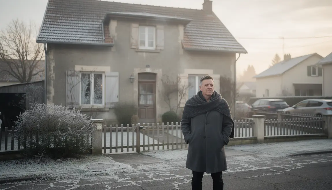 Un homme devant une maison ancienne en hiver avec buée et givre