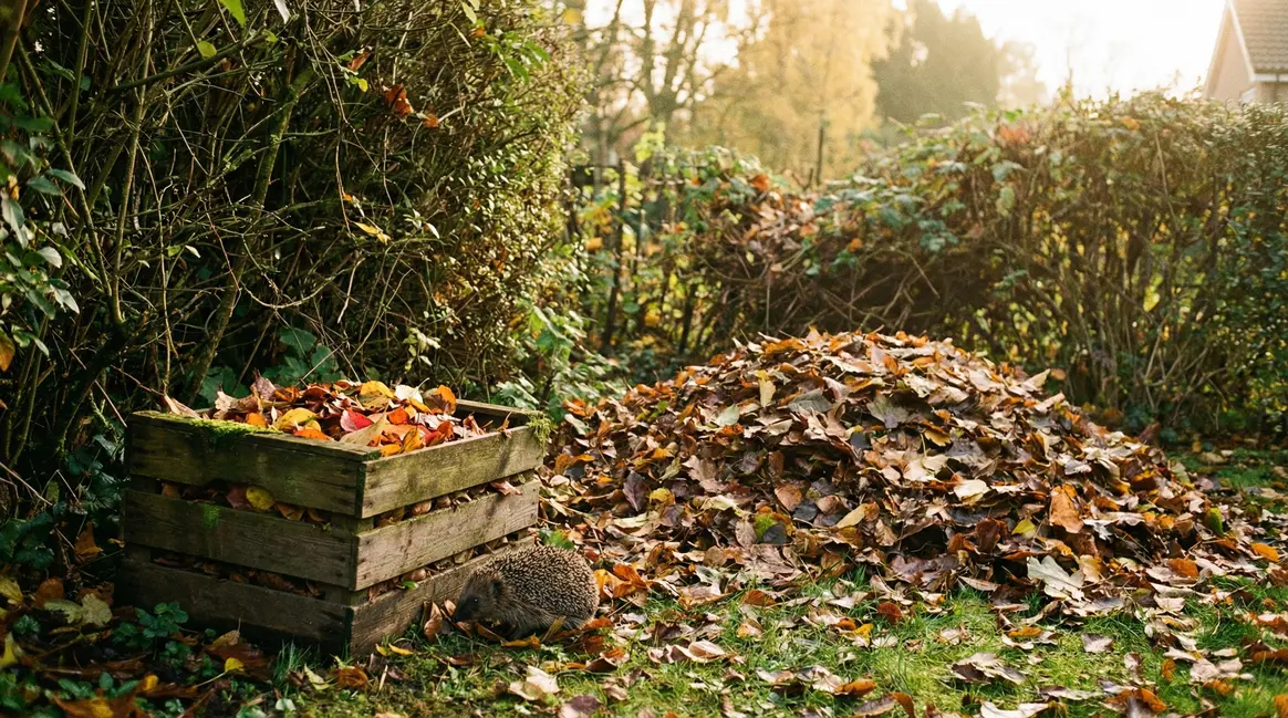 Jardin automne avec abri naturel pour herisson