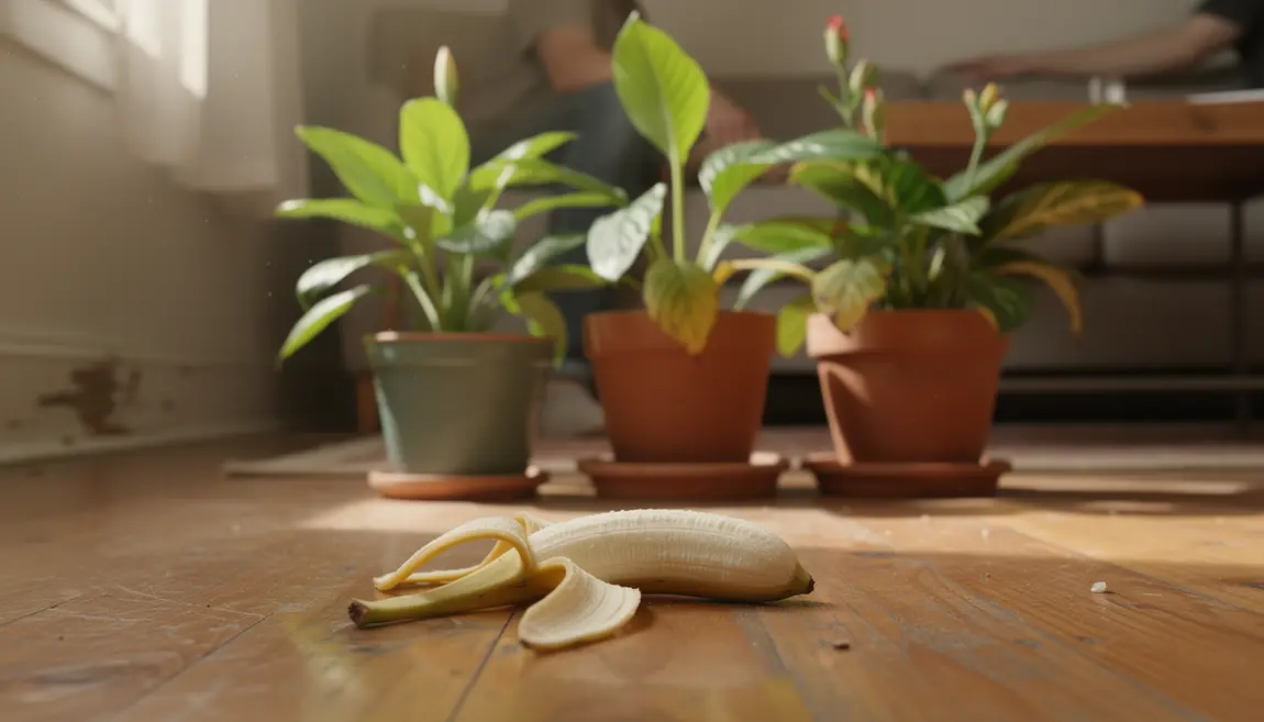 Peau de banane et plantes d'intérieur dans appartement lumineux