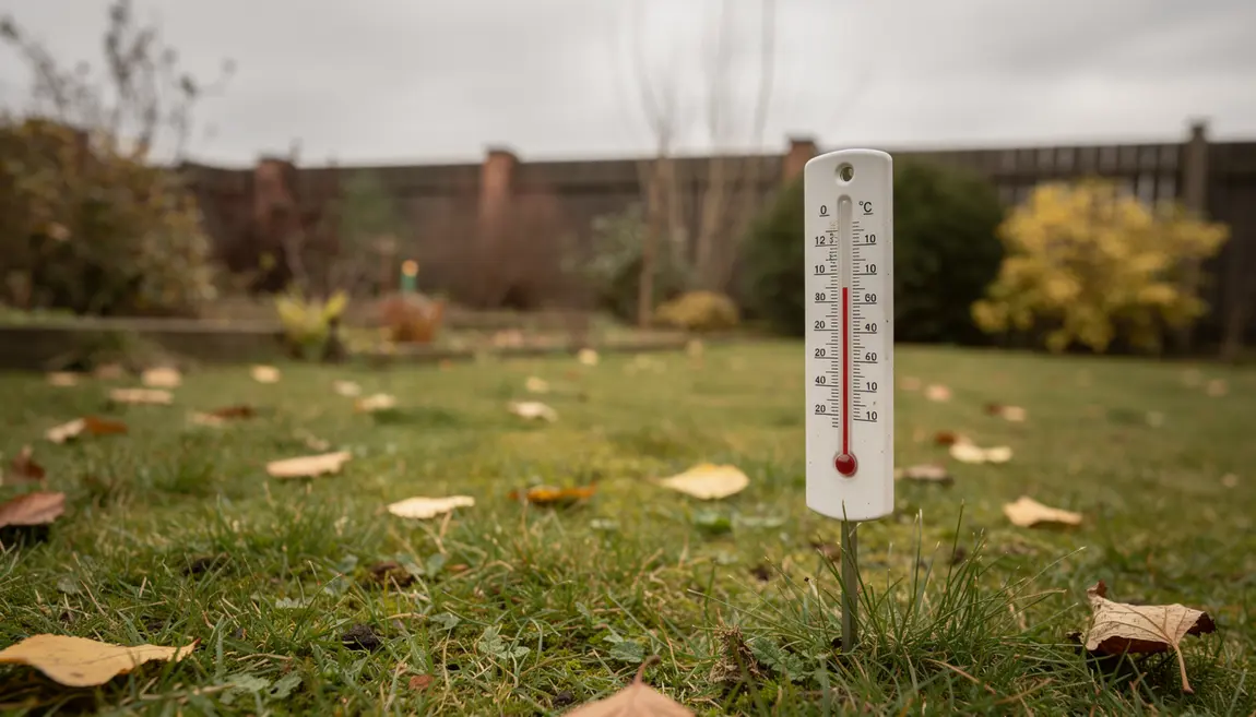 Pelouse verte début hiver avec thermomètre 12 C