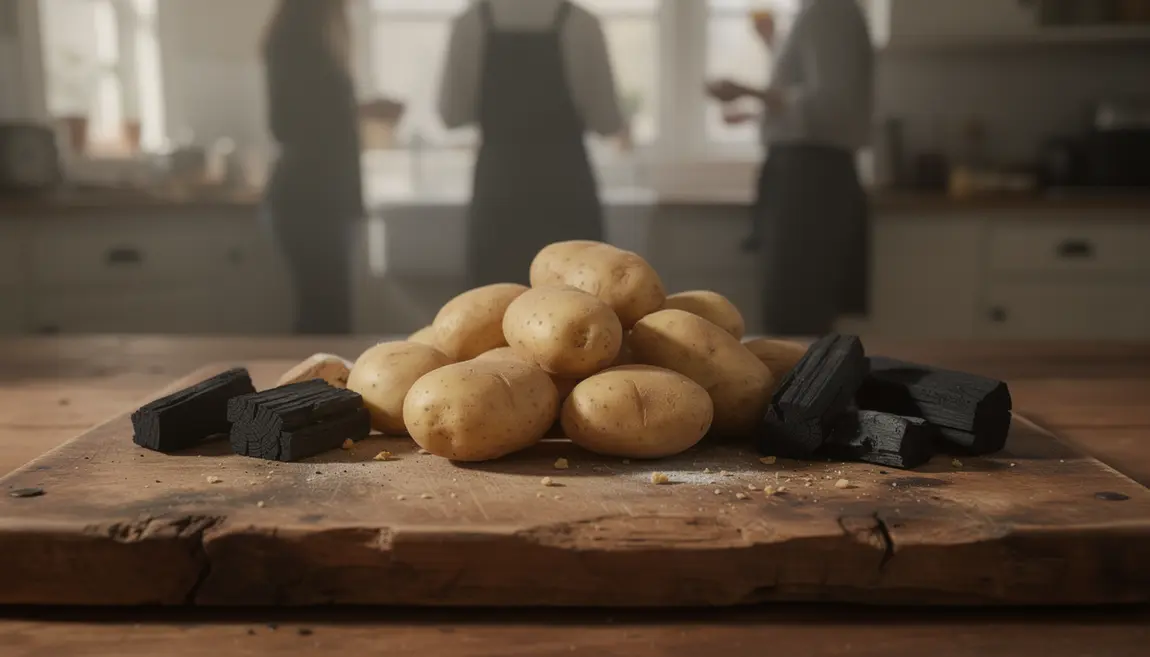 Plan de travail cuisine avec pommes de terre et charbon