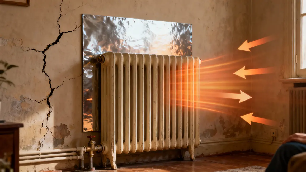 radiateur avec panneau reflechissant devant mur ancien