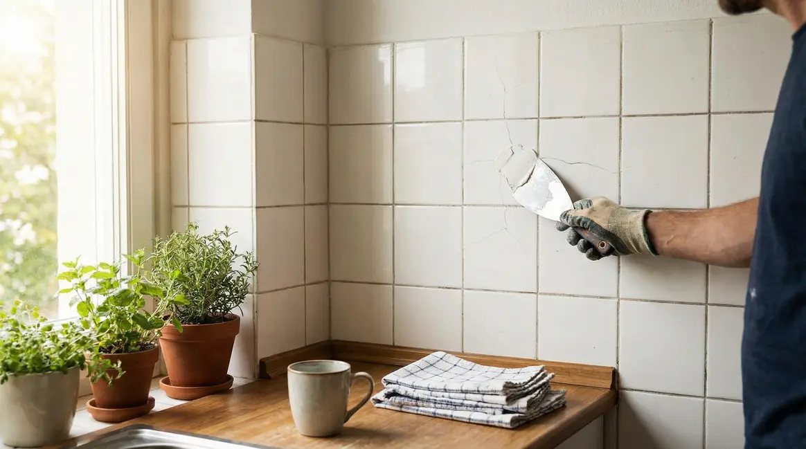 Application pâte réparation fissures sur carrelage mural