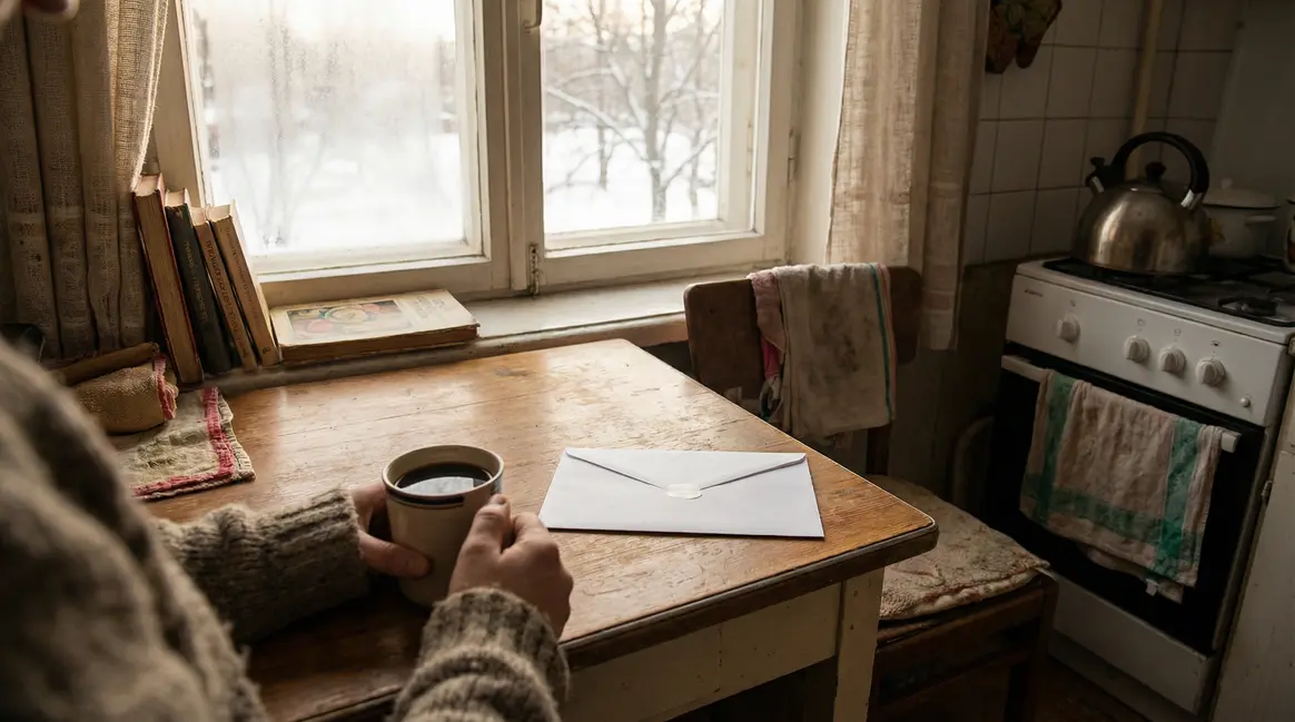 Enveloppe retraite sur table de cuisine modeste hiver