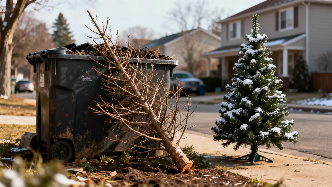 deux sapins de noel naturel et artificiel pres du compost
