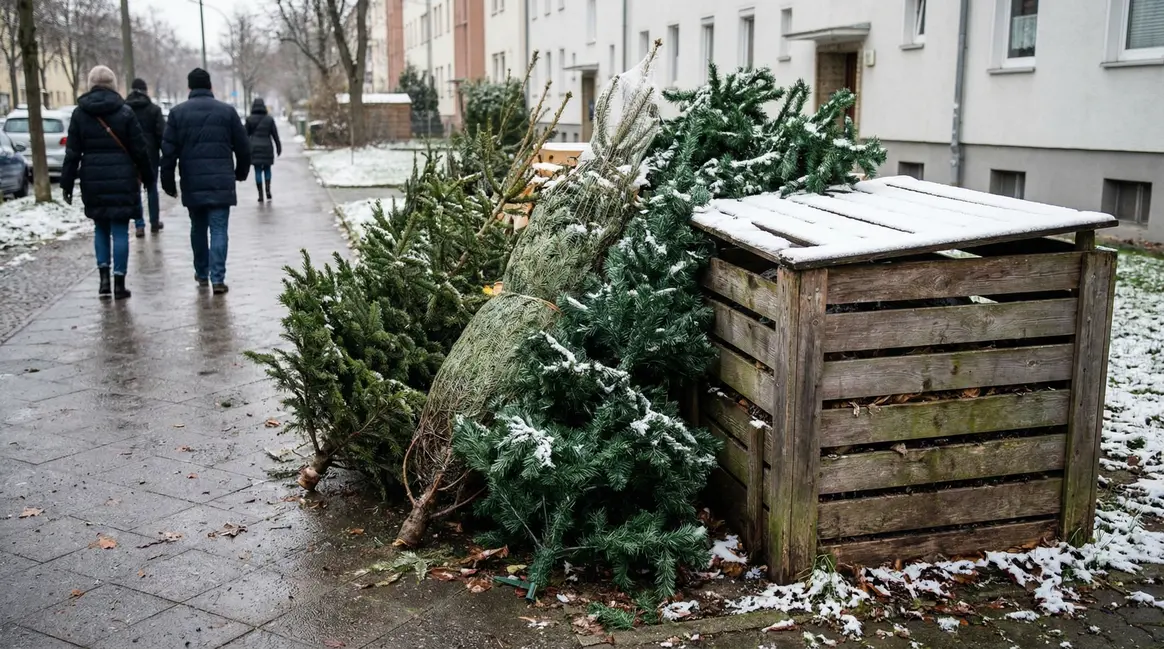 sapins de noel naturels et artificiels entasses pres du compost