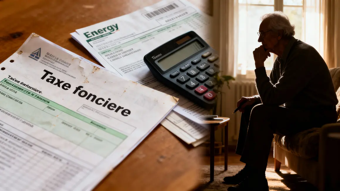 Retraité pensif devant avis taxe foncière et facture énergie