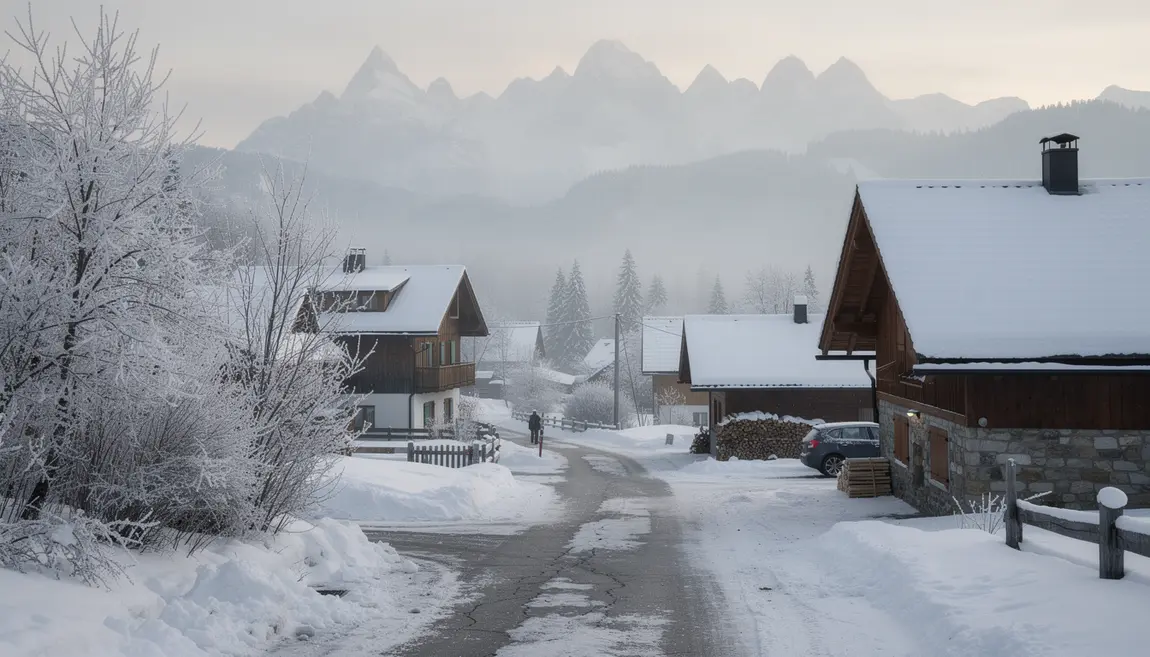 Village de Mouthe sous la neige brume matinale