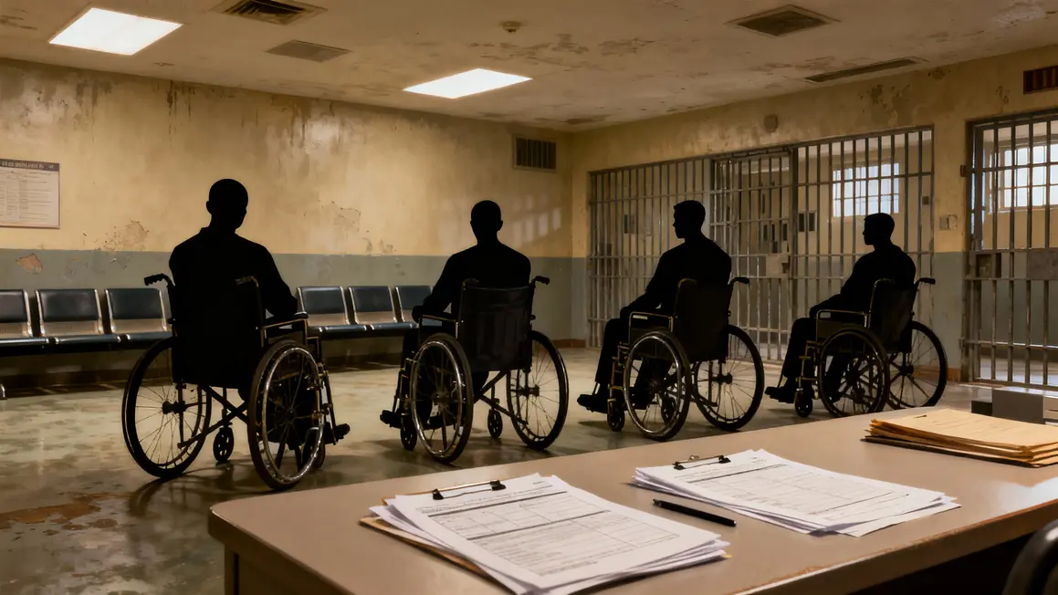Détenus handicapés en fauteuil dans une salle d'attente sombre