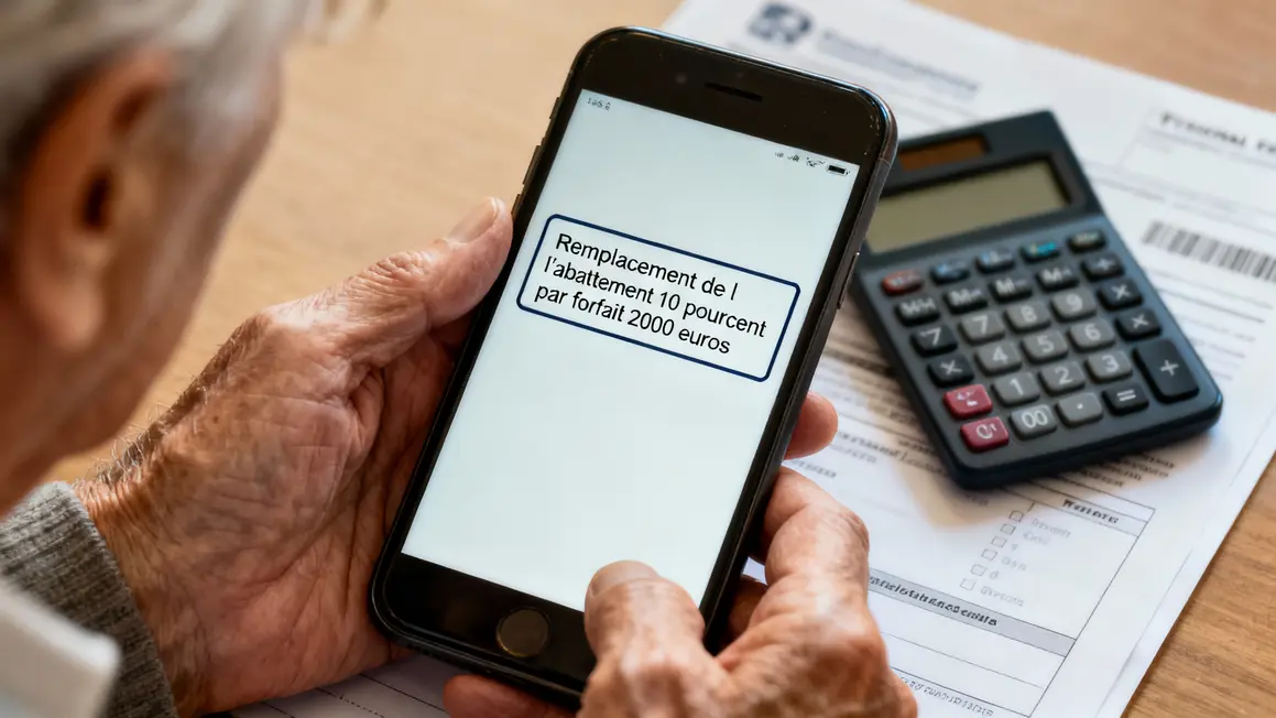 Zoom sur message fiscal abattement, mains retraité surprise