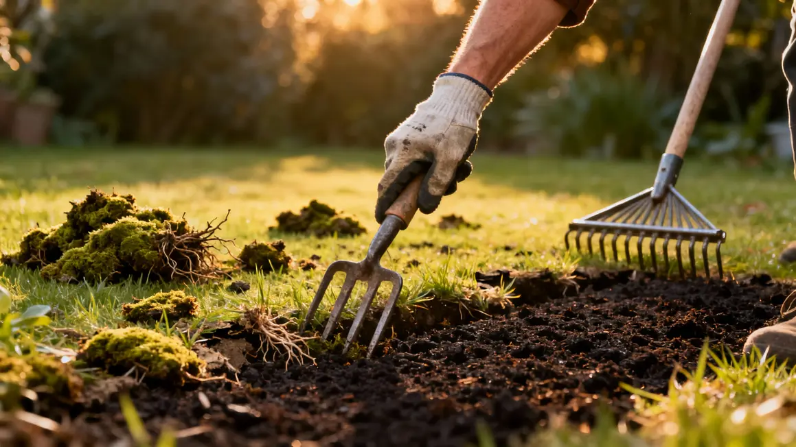 Aération et sursemis du gazon en hiver avec compost