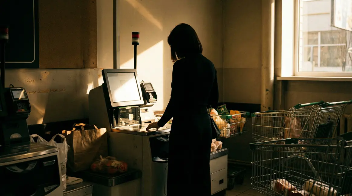 Femme devant terminal bancaire supérette, ambiance inquiétante